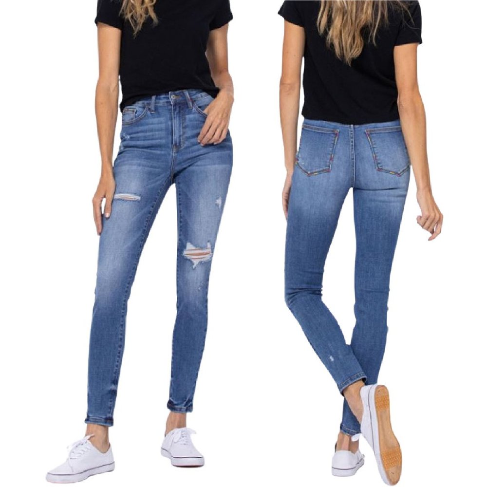 New Judy Blue Multicolor Embroidery Pocket Skinny Jeans - Picture 3 of 6